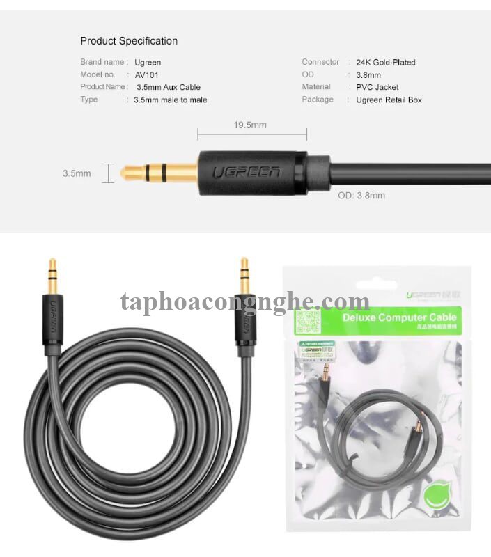 Ugreen 10501 0.5M màu Đen Cáp âm thanh 2 đầu 3.5mm dương AV101 30010501